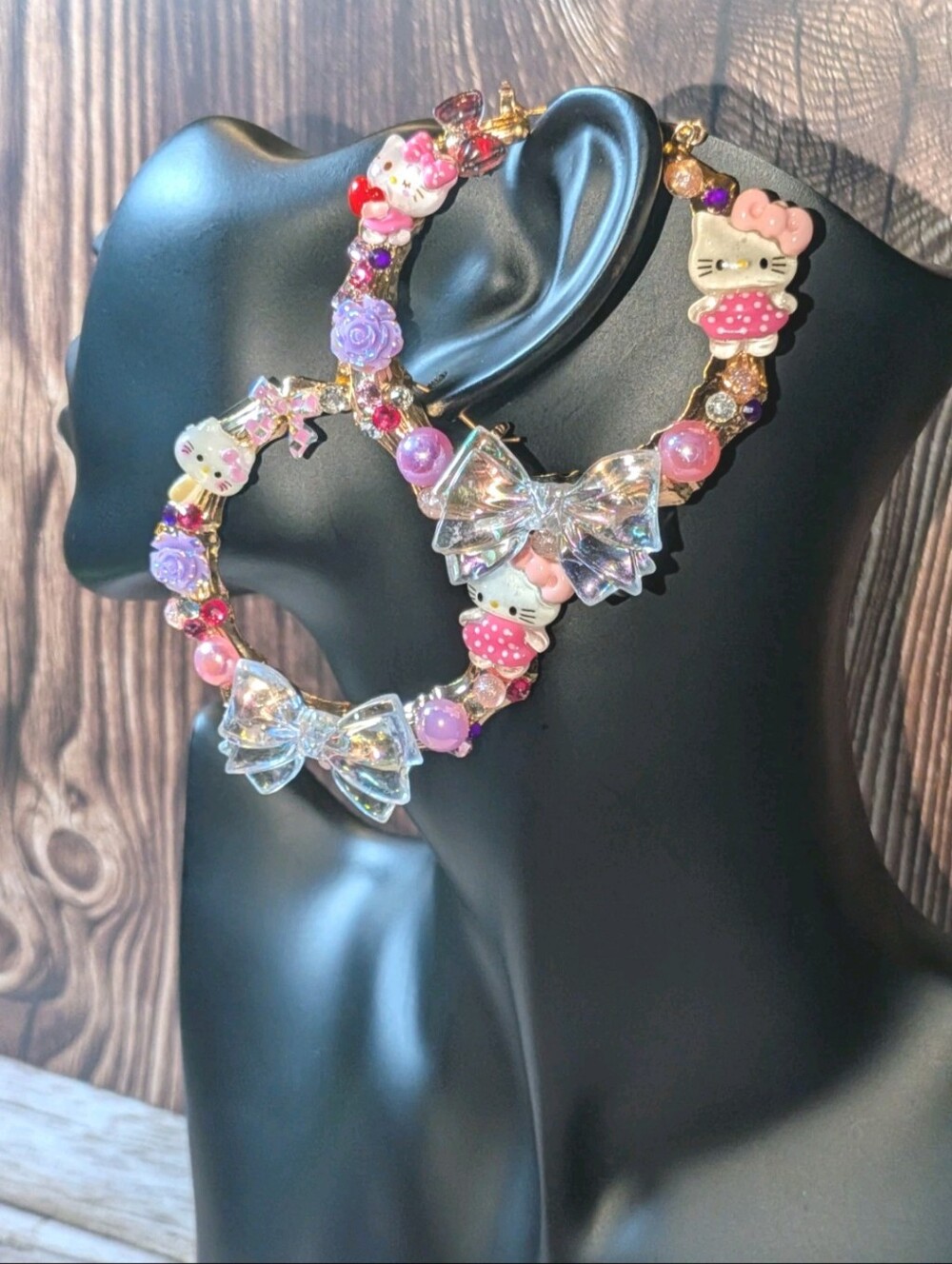 Hand Crafted Pink Purple Kitty Large Hoop Earrings with Clear Bows